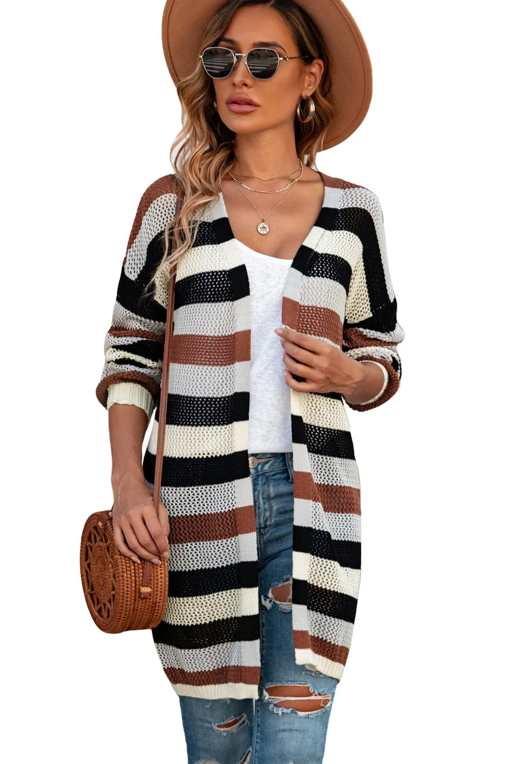 Green Striped Color Block Casual Cutout Knit Cardigan