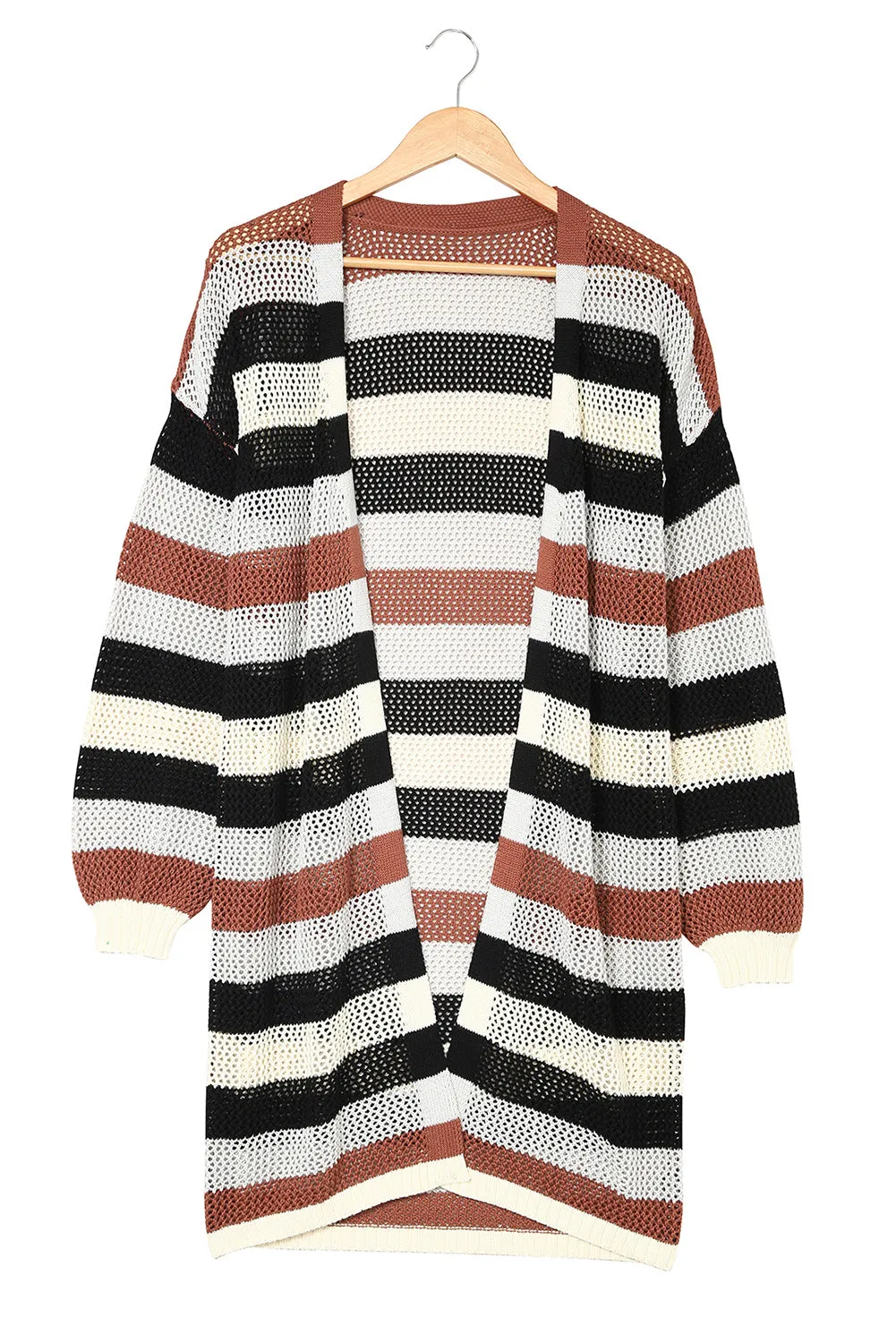 Green Striped Color Block Casual Cutout Knit Cardigan