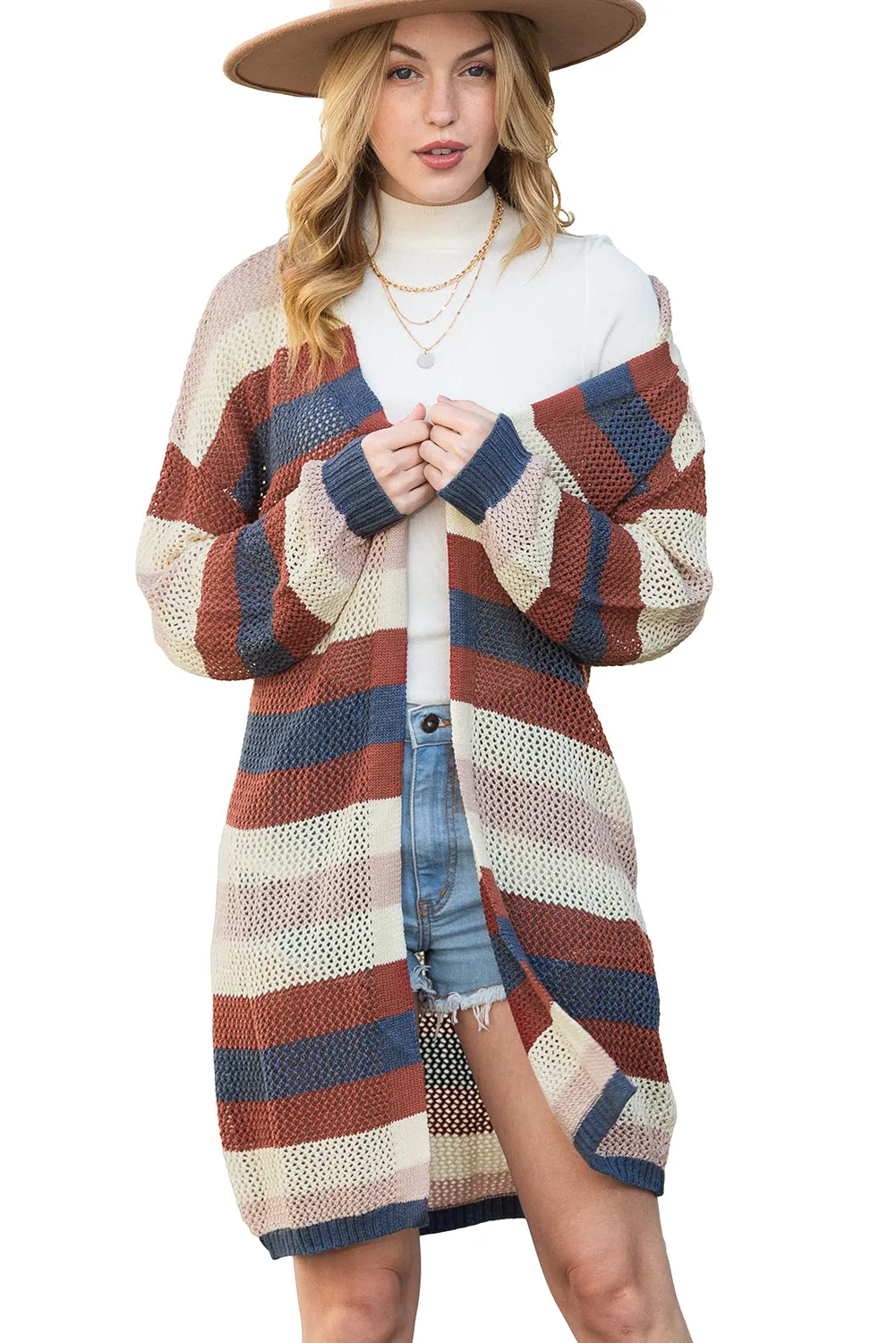 Green Striped Color Block Casual Cutout Knit Cardigan