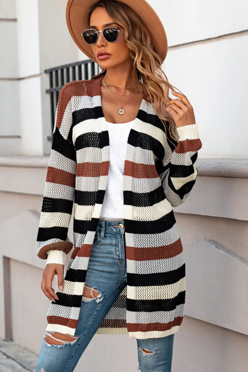 Green Striped Color Block Casual Cutout Knit Cardigan