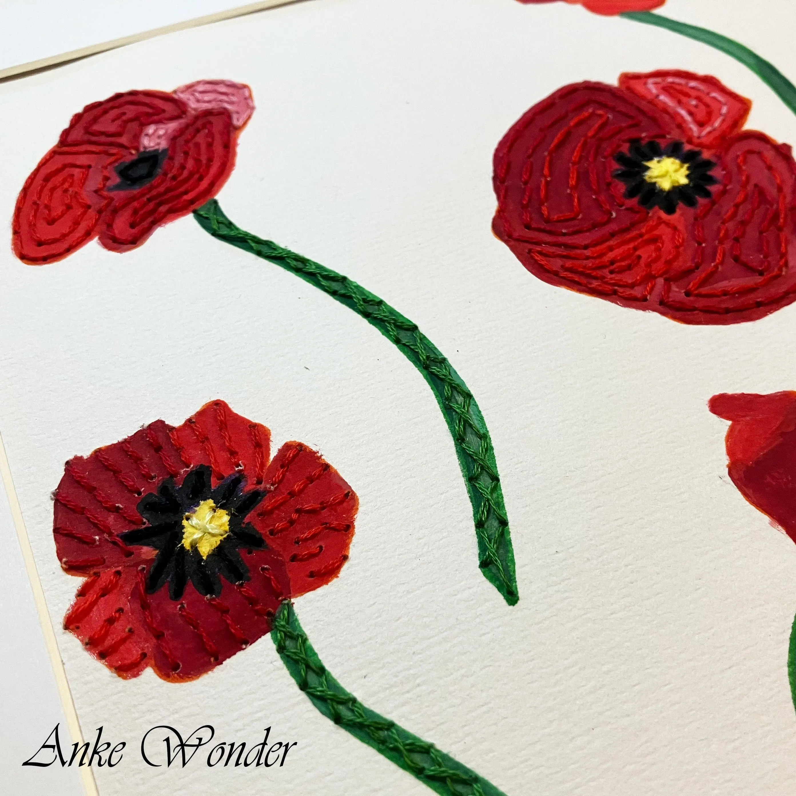 Hand-Embroidered Poppy Flowers Painting - Original