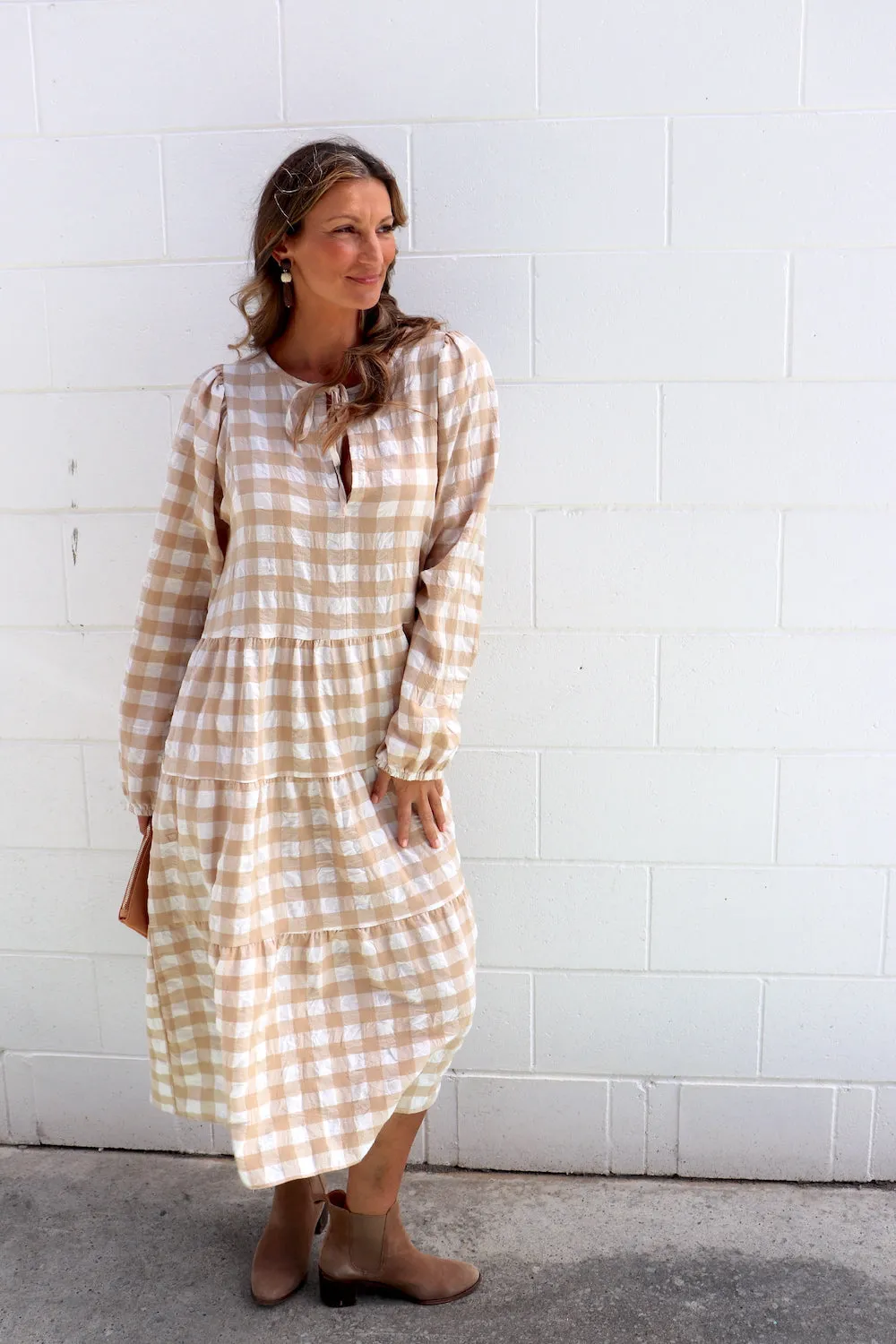 Hayley Gingham Cotton Long Sleeve Maxi Dress Taupe or Chocolate