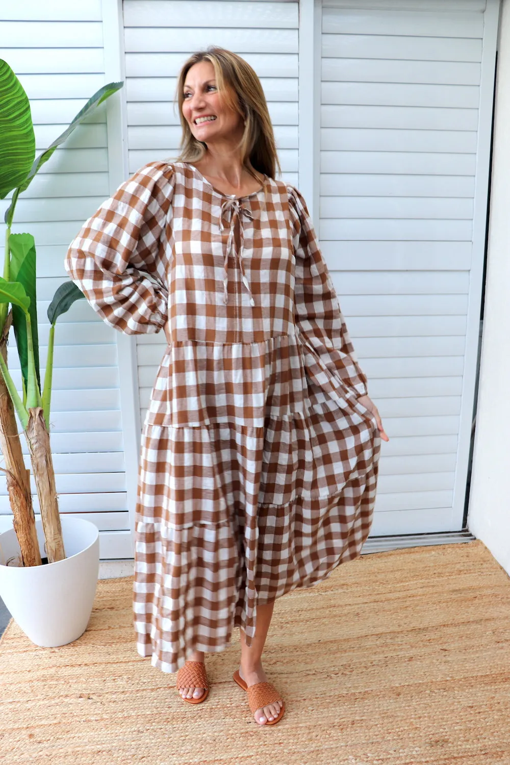 Hayley Gingham Cotton Long Sleeve Maxi Dress Taupe or Chocolate