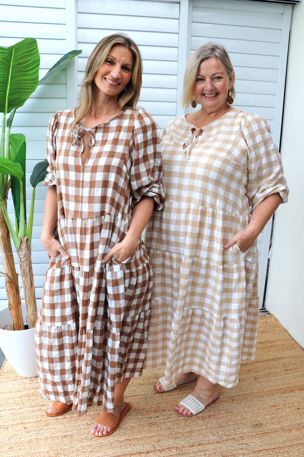 Hayley Gingham Cotton Long Sleeve Maxi Dress Taupe or Chocolate