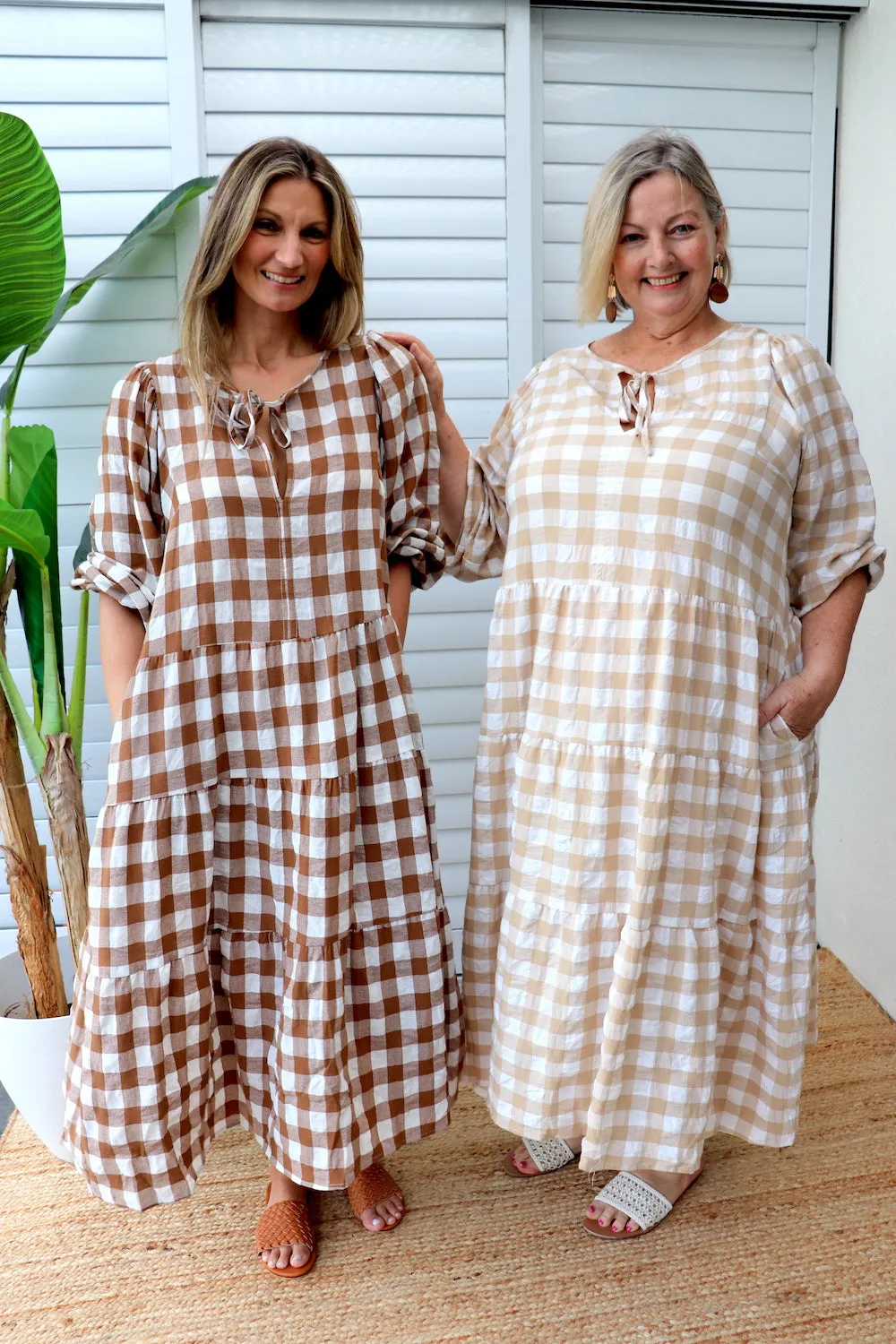 Hayley Gingham Cotton Long Sleeve Maxi Dress Taupe or Chocolate