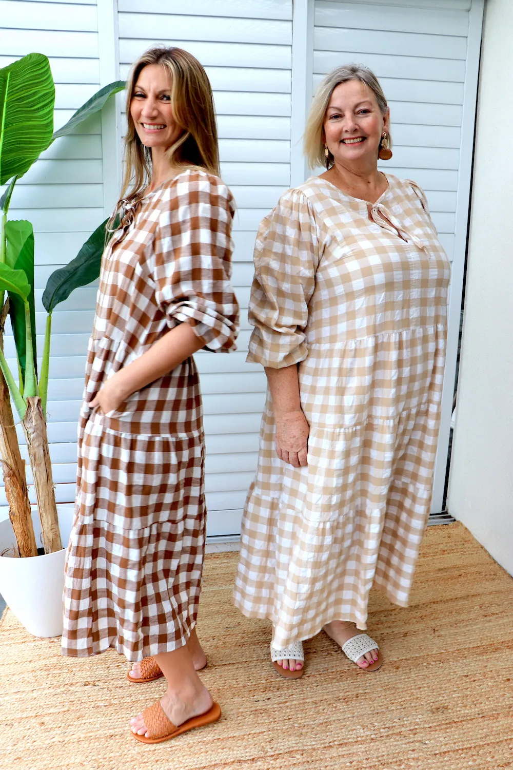 Hayley Gingham Cotton Long Sleeve Maxi Dress Taupe or Chocolate