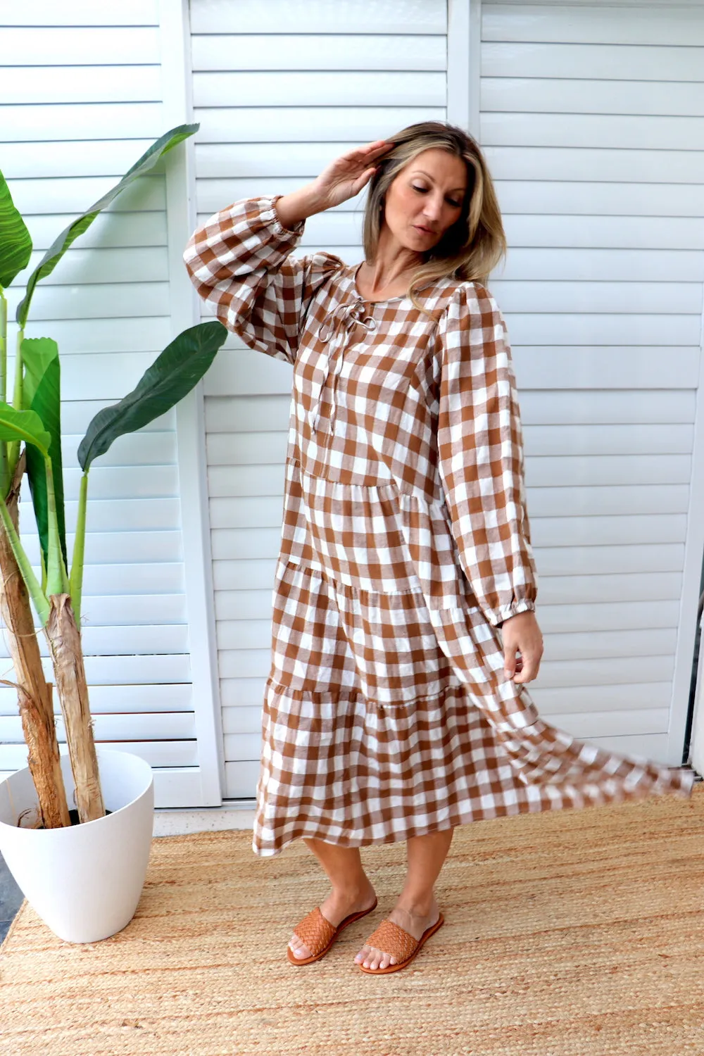 Hayley Gingham Cotton Long Sleeve Maxi Dress Taupe or Chocolate