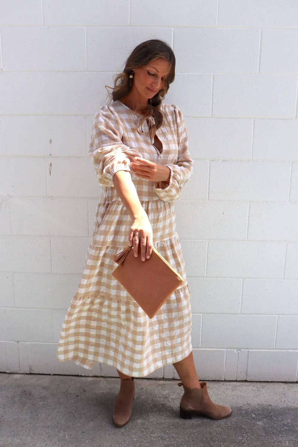 Hayley Gingham Cotton Long Sleeve Maxi Dress Taupe or Chocolate