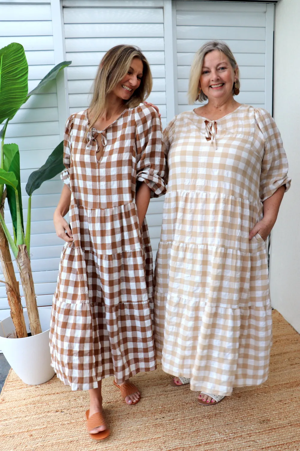 Hayley Gingham Cotton Long Sleeve Maxi Dress Taupe or Chocolate