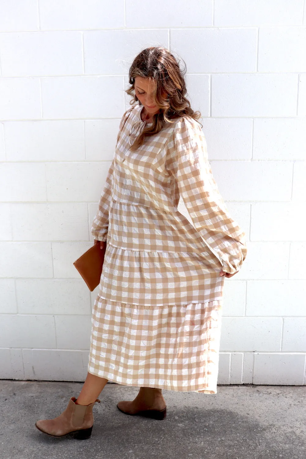 Hayley Gingham Cotton Long Sleeve Maxi Dress Taupe or Chocolate