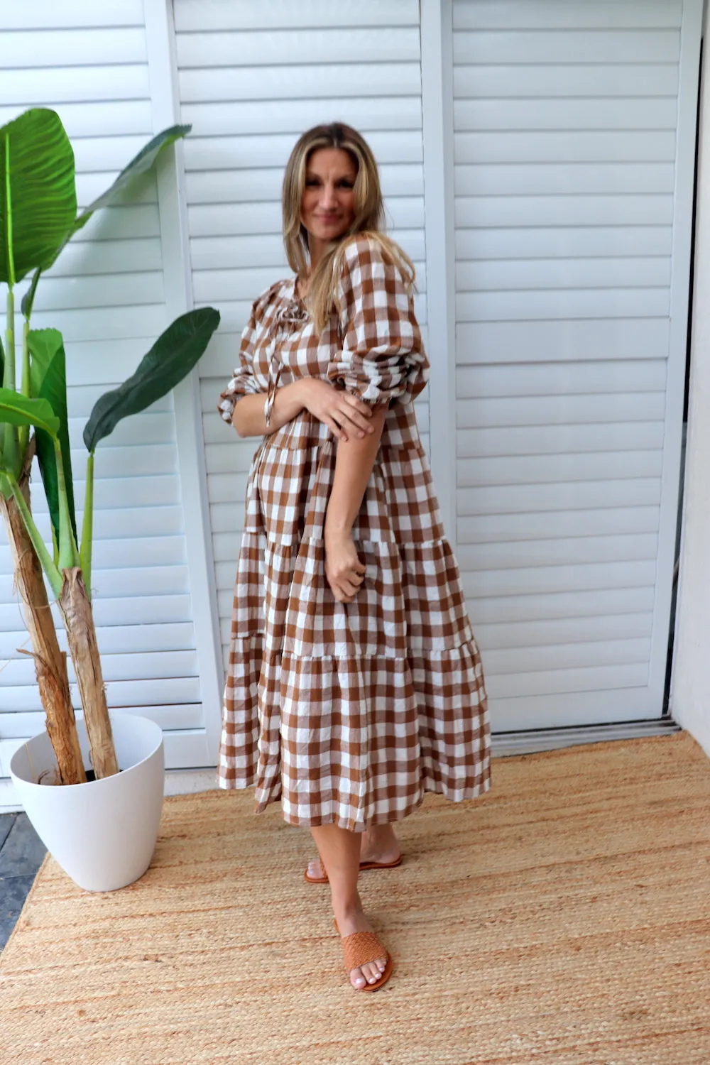 Hayley Gingham Cotton Long Sleeve Maxi Dress Taupe or Chocolate