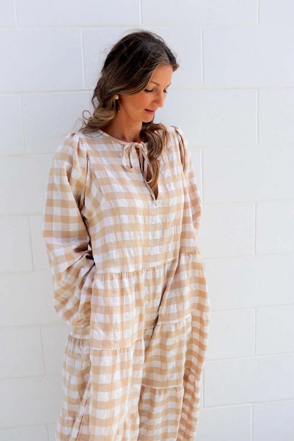 Hayley Gingham Cotton Long Sleeve Maxi Dress Taupe or Chocolate