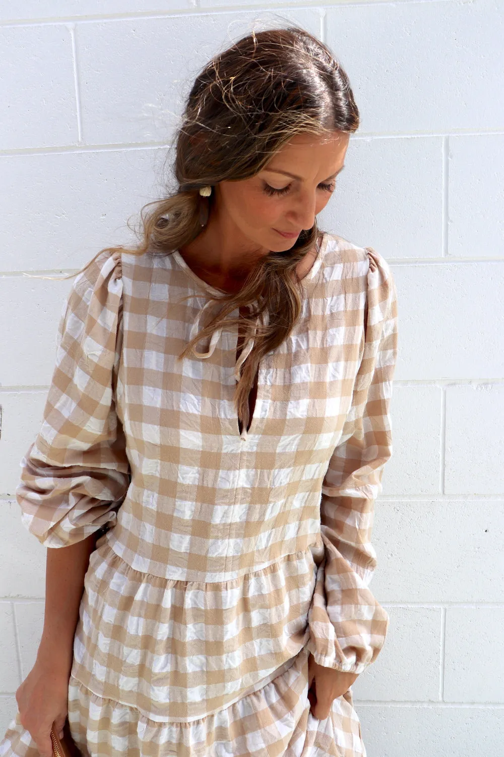 Hayley Gingham Cotton Long Sleeve Maxi Dress Taupe or Chocolate