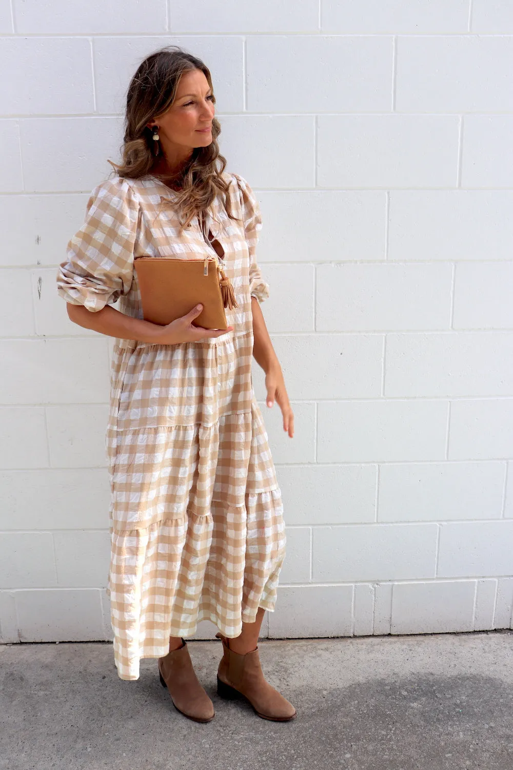 Hayley Gingham Cotton Long Sleeve Maxi Dress Taupe or Chocolate