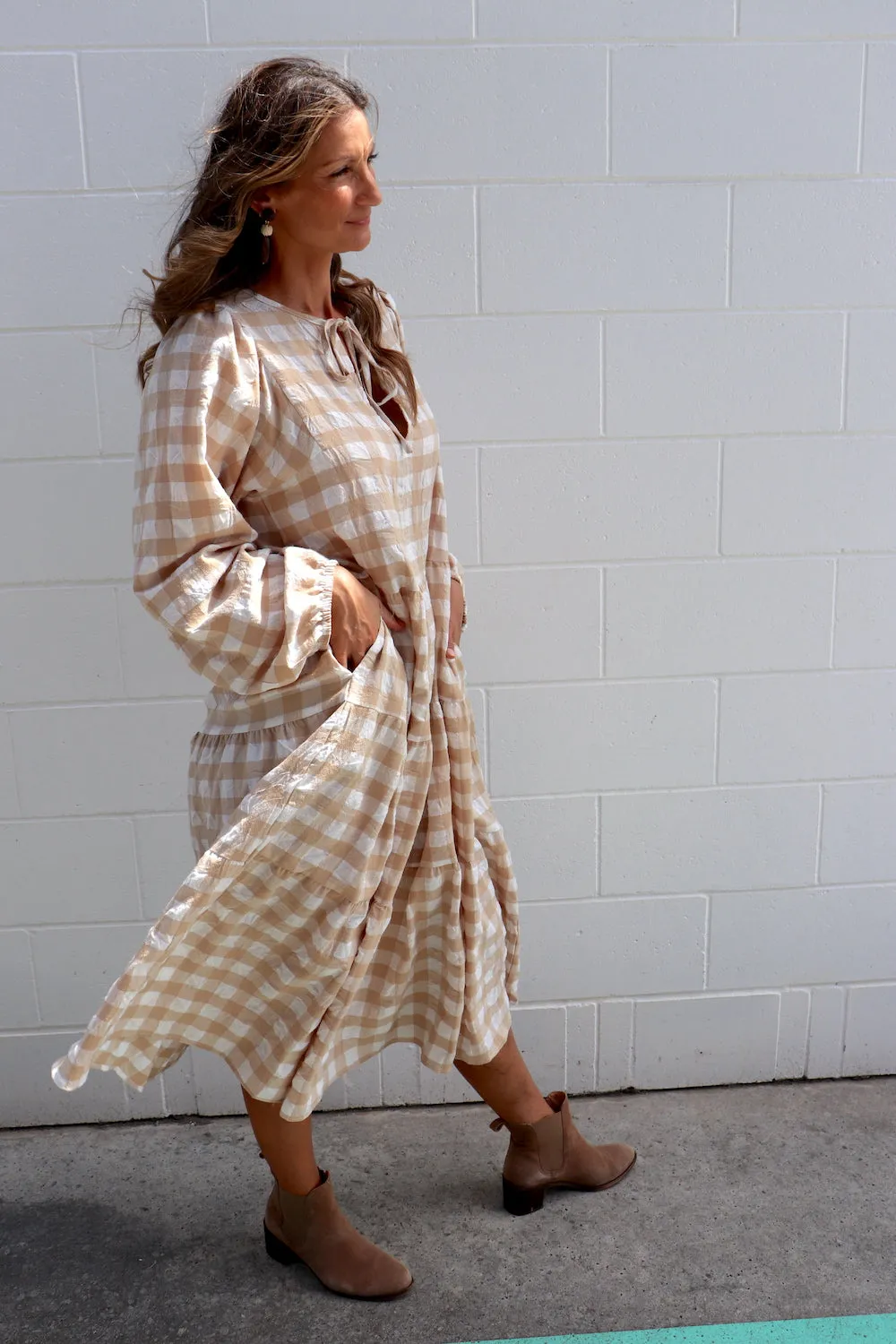 Hayley Gingham Cotton Long Sleeve Maxi Dress Taupe or Chocolate