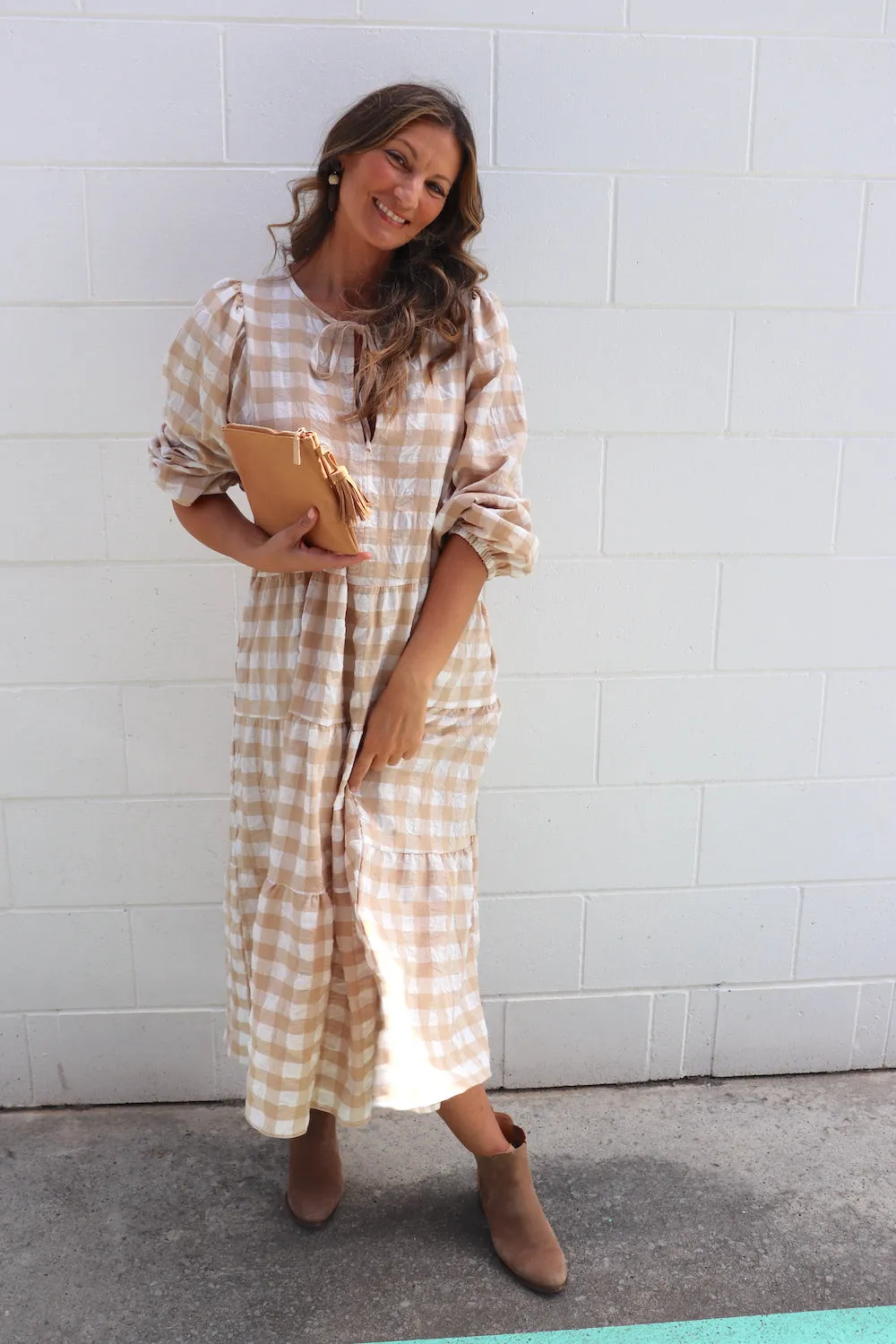 Hayley Gingham Cotton Long Sleeve Maxi Dress Taupe or Chocolate