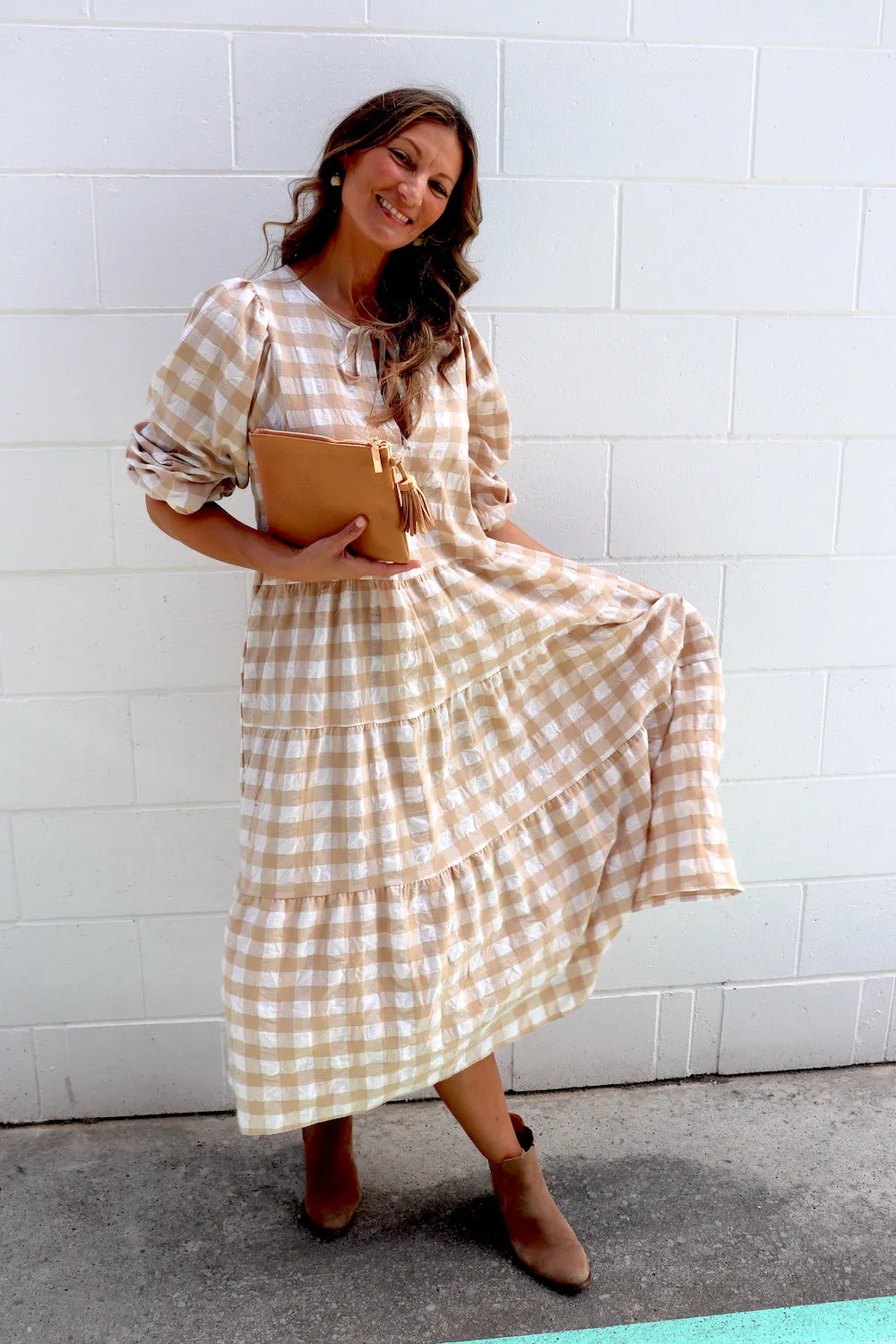 Hayley Gingham Cotton Long Sleeve Maxi Dress Taupe or Chocolate