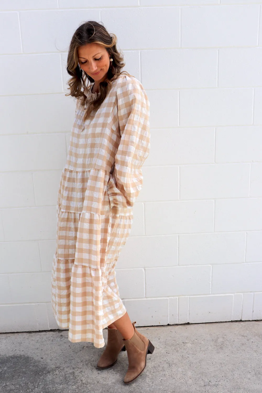 Hayley Gingham Cotton Long Sleeve Maxi Dress Taupe or Chocolate