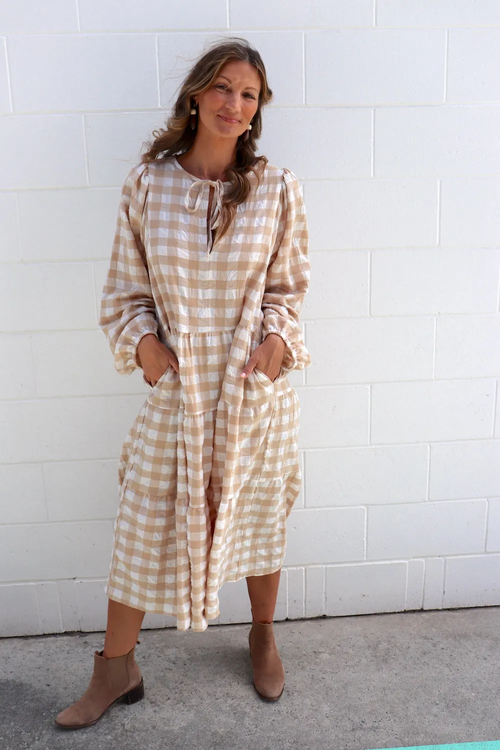 Hayley Gingham Cotton Long Sleeve Maxi Dress Taupe or Chocolate