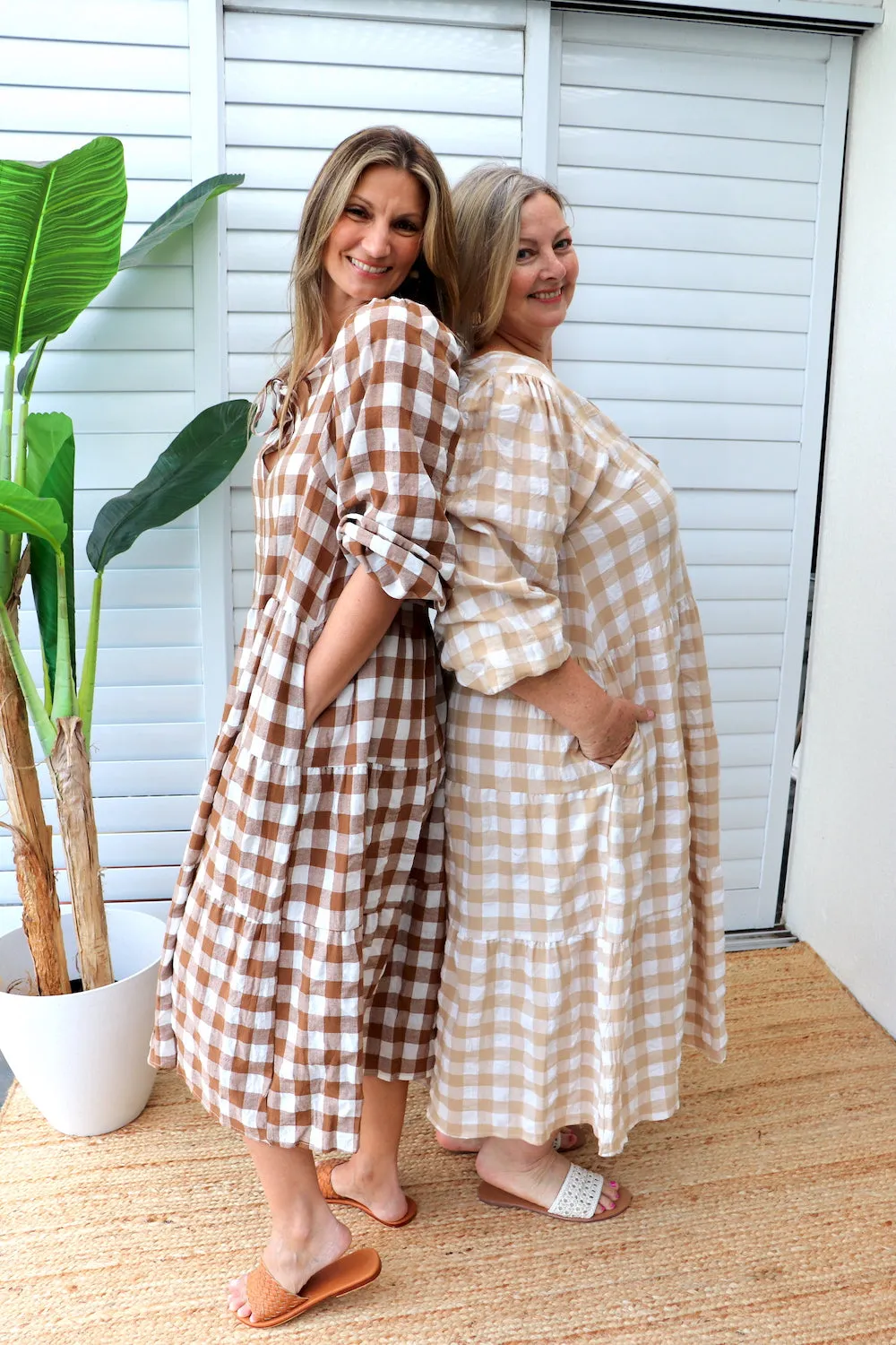 Hayley Gingham Cotton Long Sleeve Maxi Dress Taupe or Chocolate