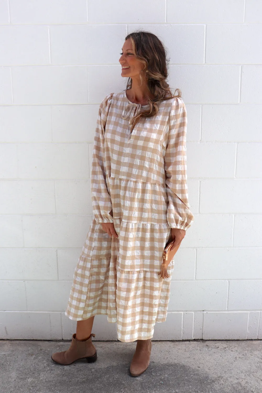 Hayley Gingham Cotton Long Sleeve Maxi Dress Taupe or Chocolate