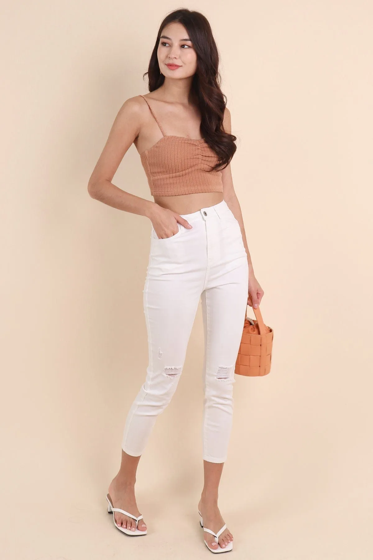 HELENA WEAVED SWEETHEART CROP TOP IN TOFFEE