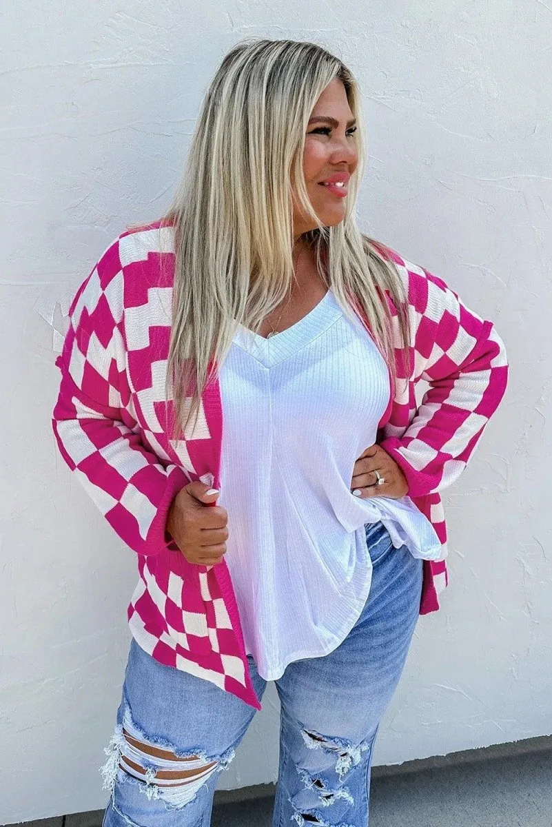 Hot Pink Checkered Plus Size Cardigan