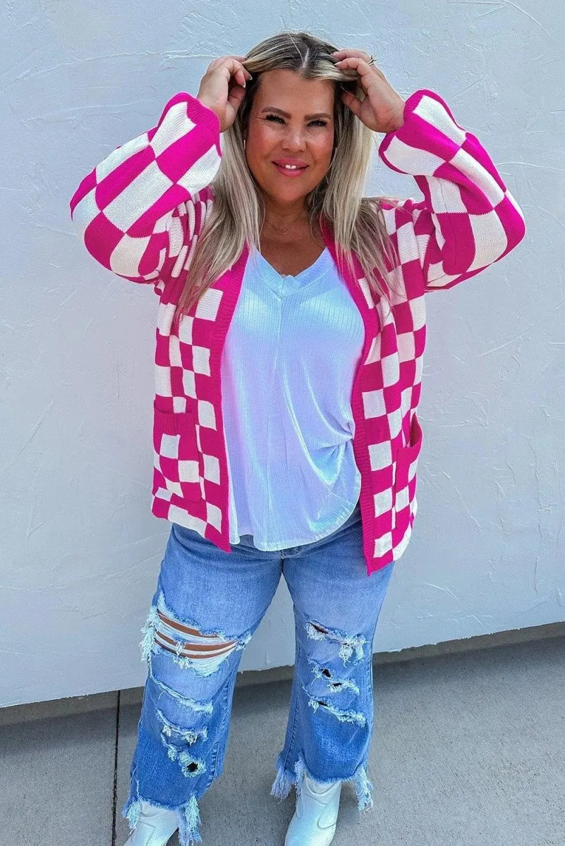 Hot Pink Checkered Plus Size Cardigan