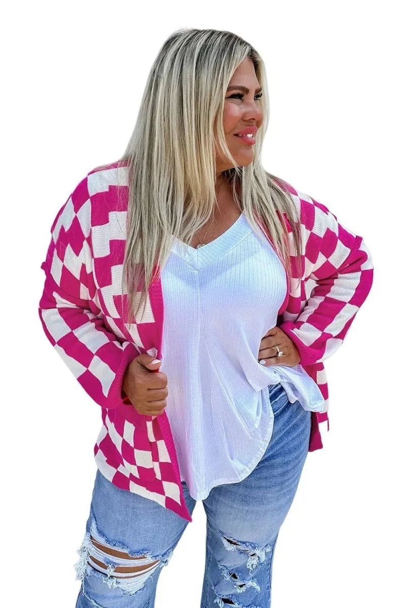 Hot Pink Checkered Plus Size Cardigan