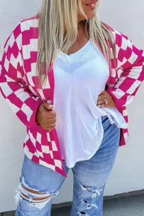 Hot Pink Checkered Plus Size Cardigan