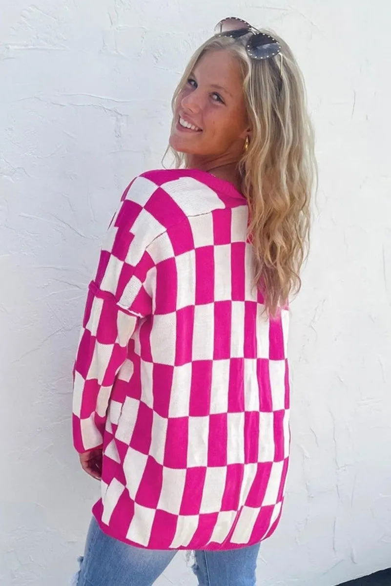 Hot Pink Checkered Plus Size Cardigan