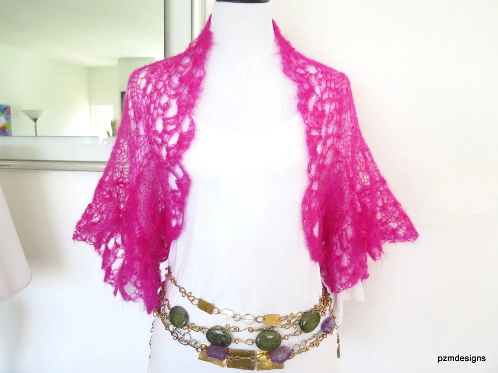 Hot Pink Silk Shrug, Handknit lacy mohair sweater shrug, luxury fashion knitwear