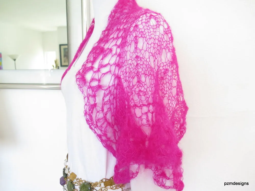 Hot Pink Silk Shrug, Handknit lacy mohair sweater shrug, luxury fashion knitwear