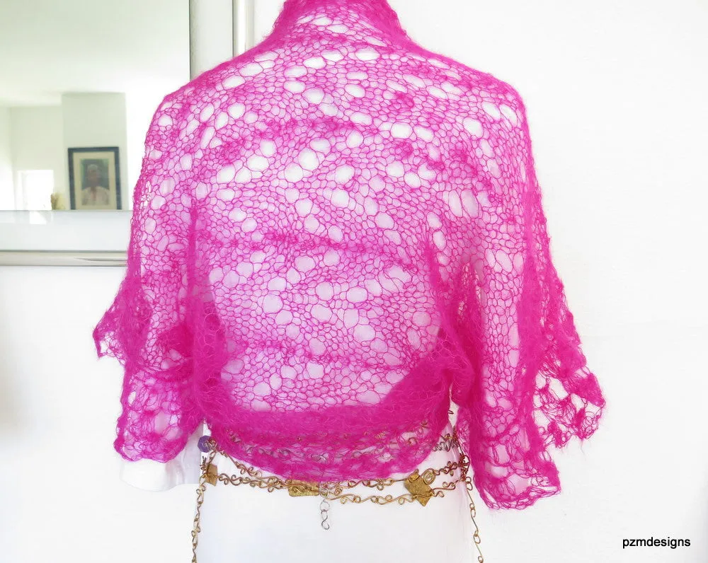 Hot Pink Silk Shrug, Handknit lacy mohair sweater shrug, luxury fashion knitwear