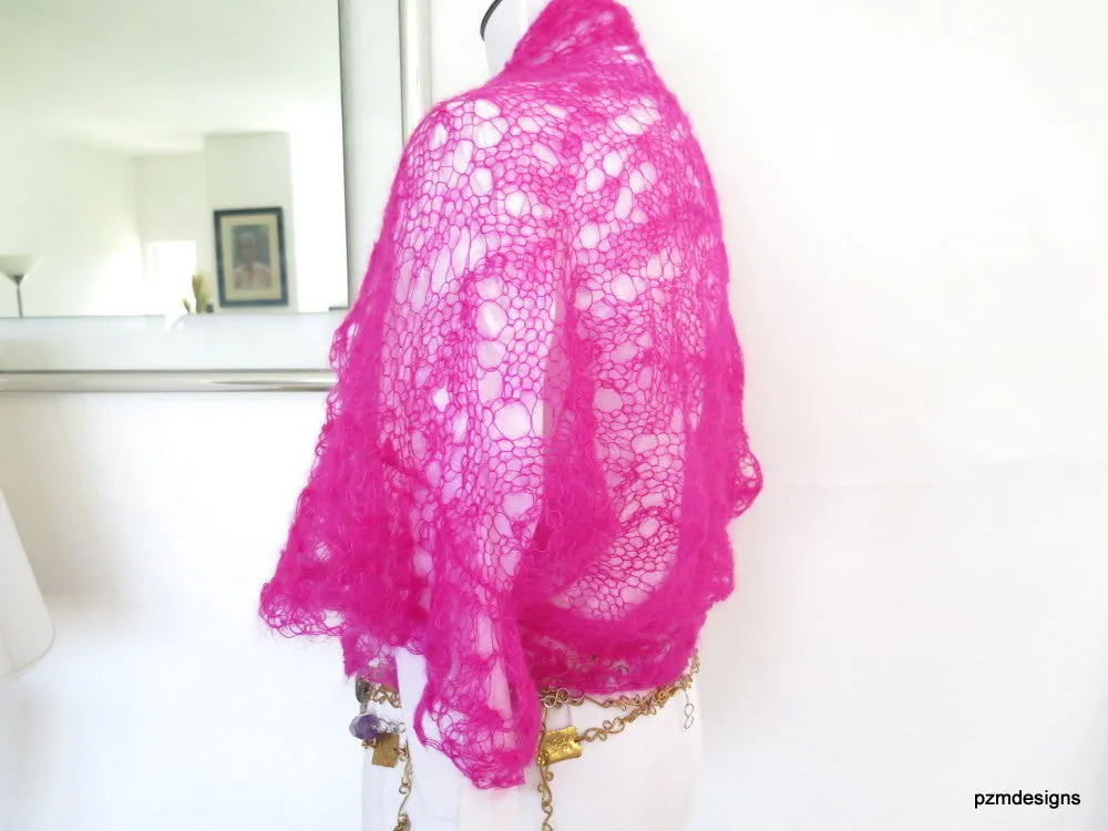 Hot Pink Silk Shrug, Handknit lacy mohair sweater shrug, luxury fashion knitwear