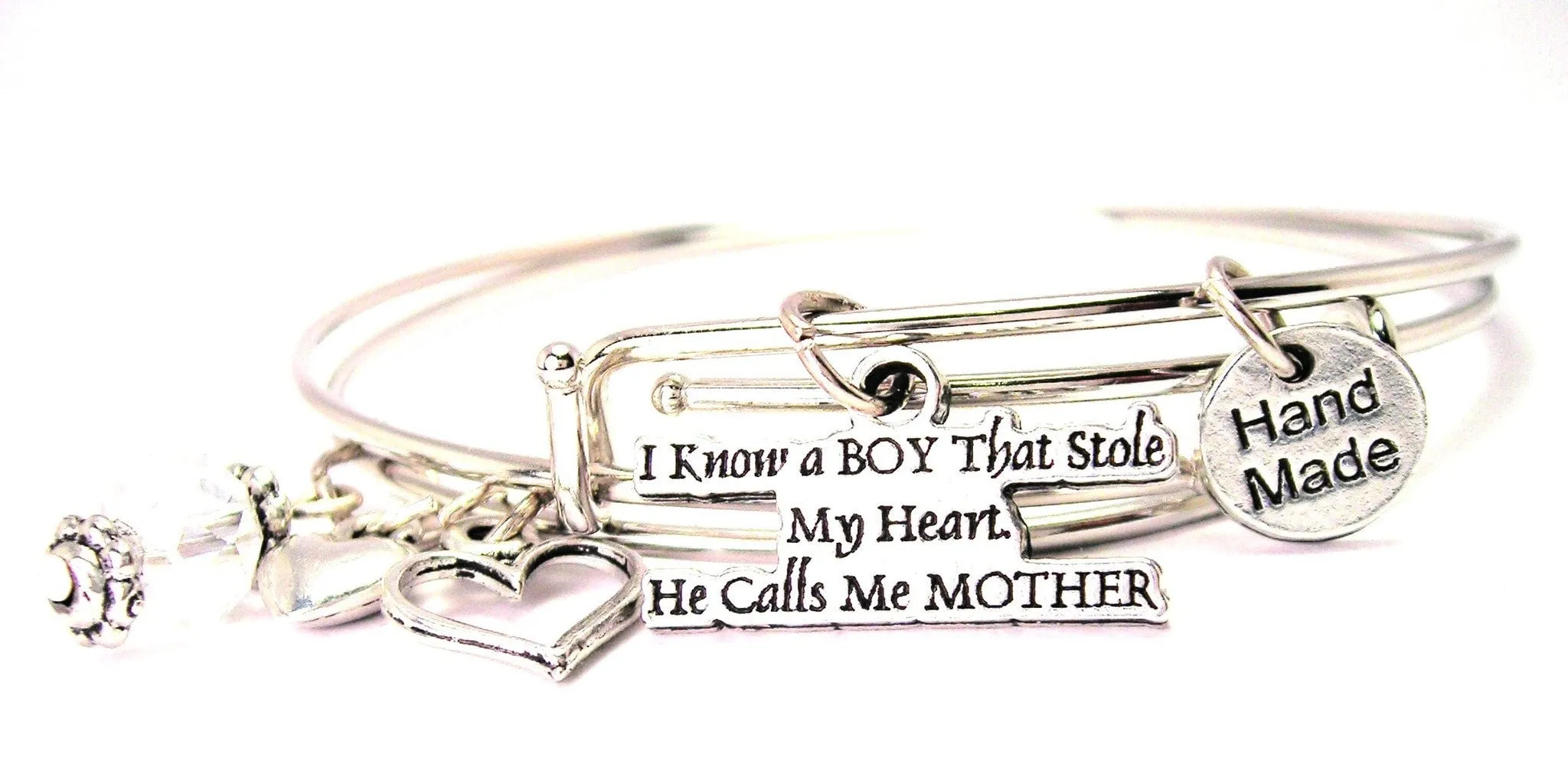 I Know A Boy That Stole My Heart He Calls Me Mother Expandable Bangle Bracelet Set