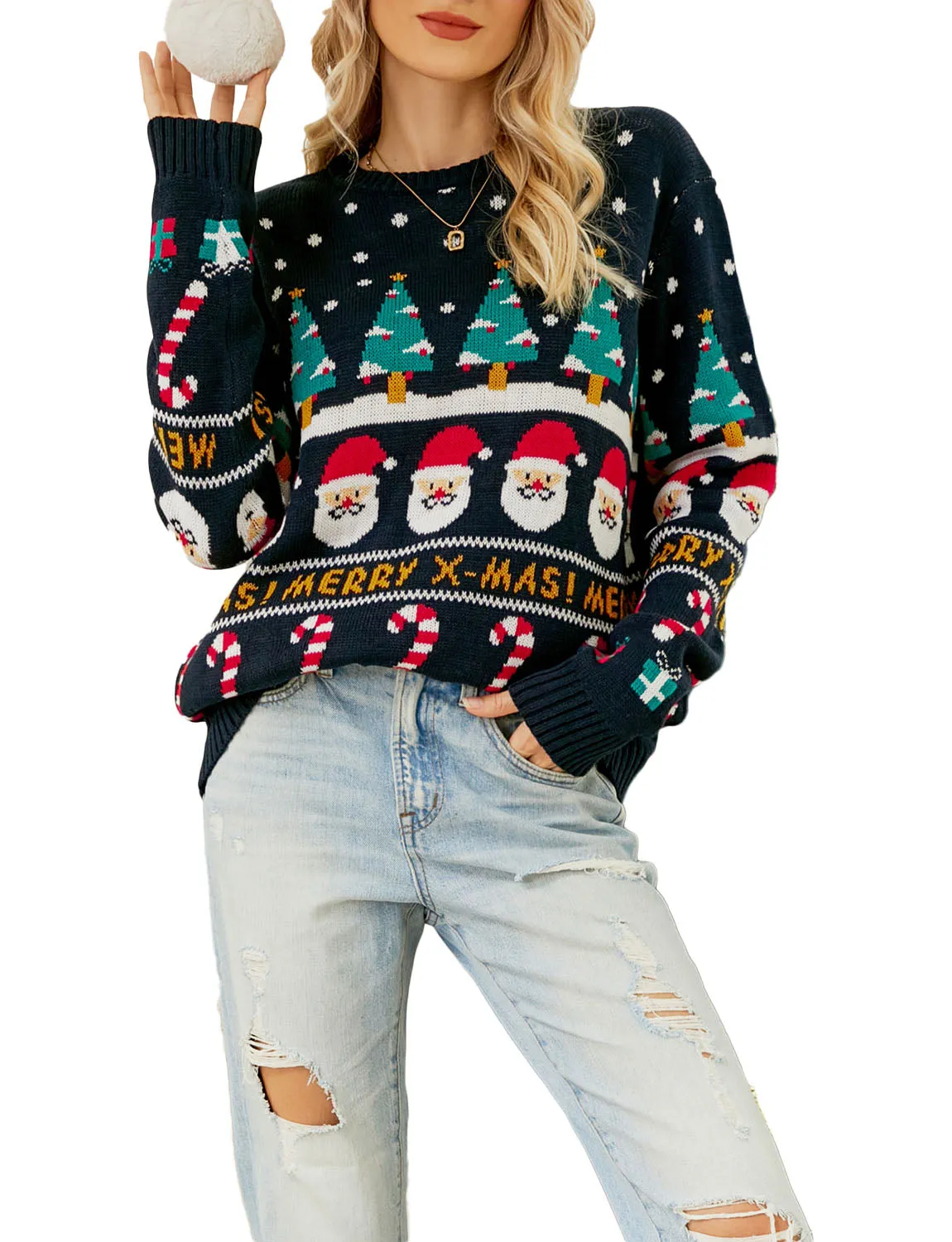 iB-iP Women's Cozy Christmas Top Santa Claus Long Sleeve Pullover Sweater