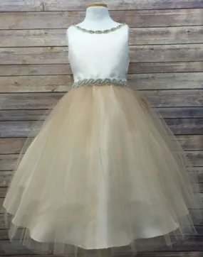 Impressive Satin & Tulle Dress with Rhinestone Gem Neckline & Belt - Champagne