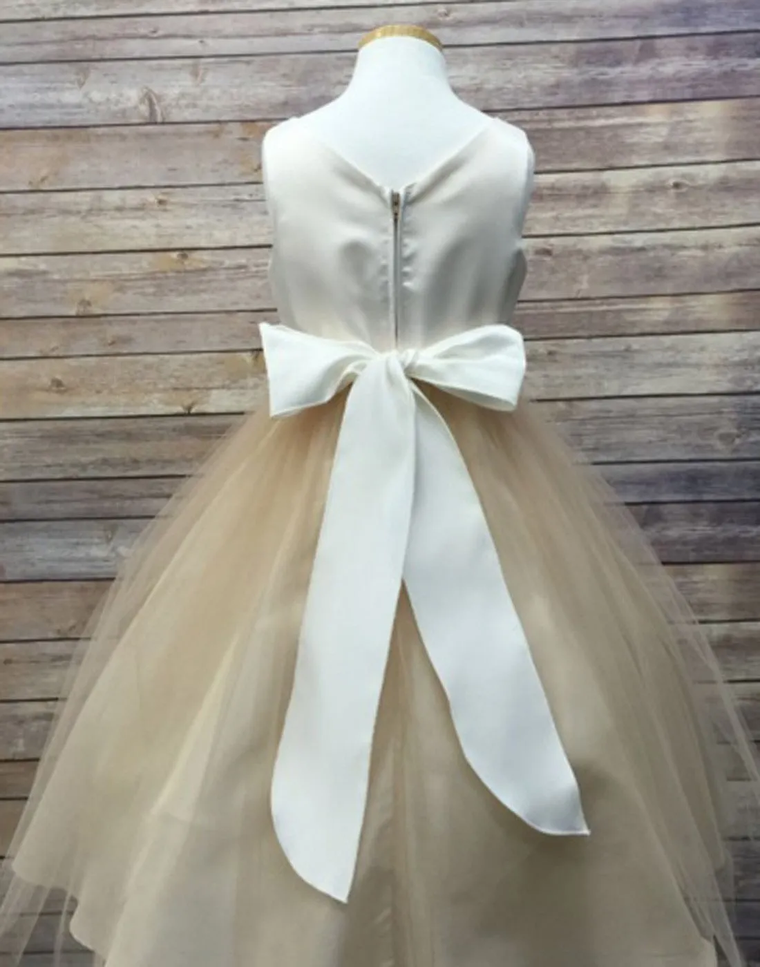 Impressive Satin & Tulle Dress with Rhinestone Gem Neckline & Belt - Champagne