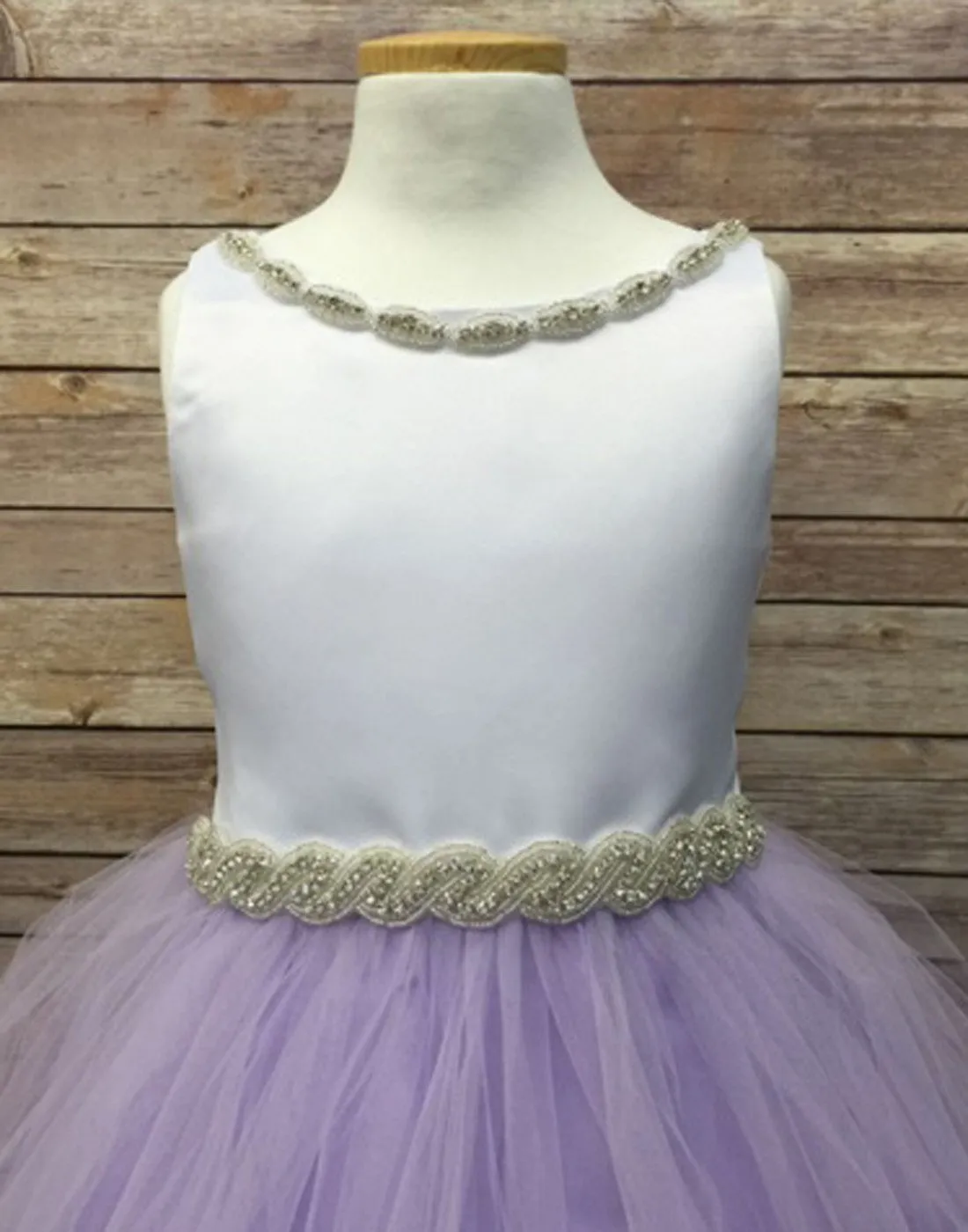 Impressive Satin & Tulle Dress with Rhinestone Gem Neckline & Belt - Lavender