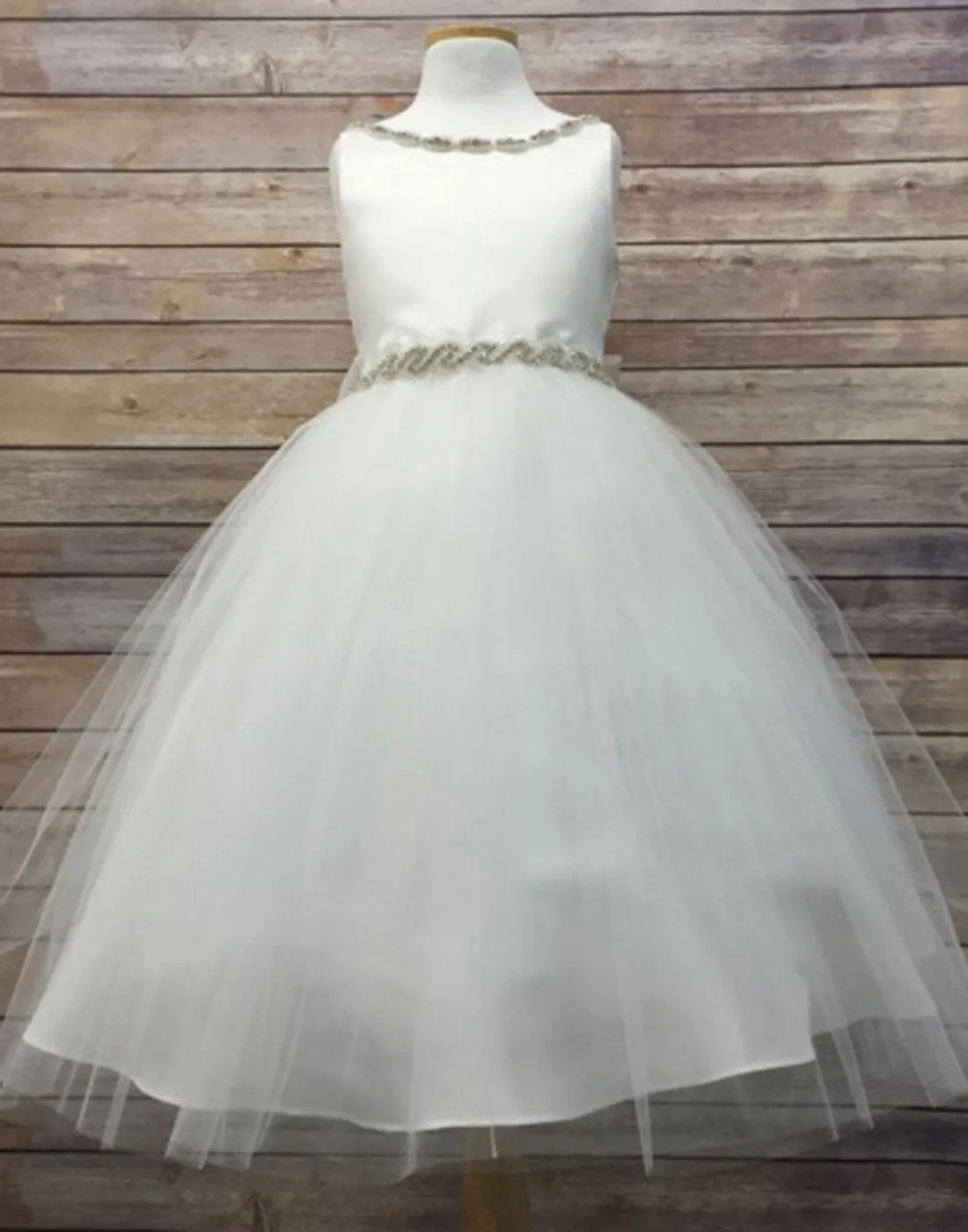 Impressive Satin & Tulle Dress with Rhinestone Gem Neckline & Belt - Mint