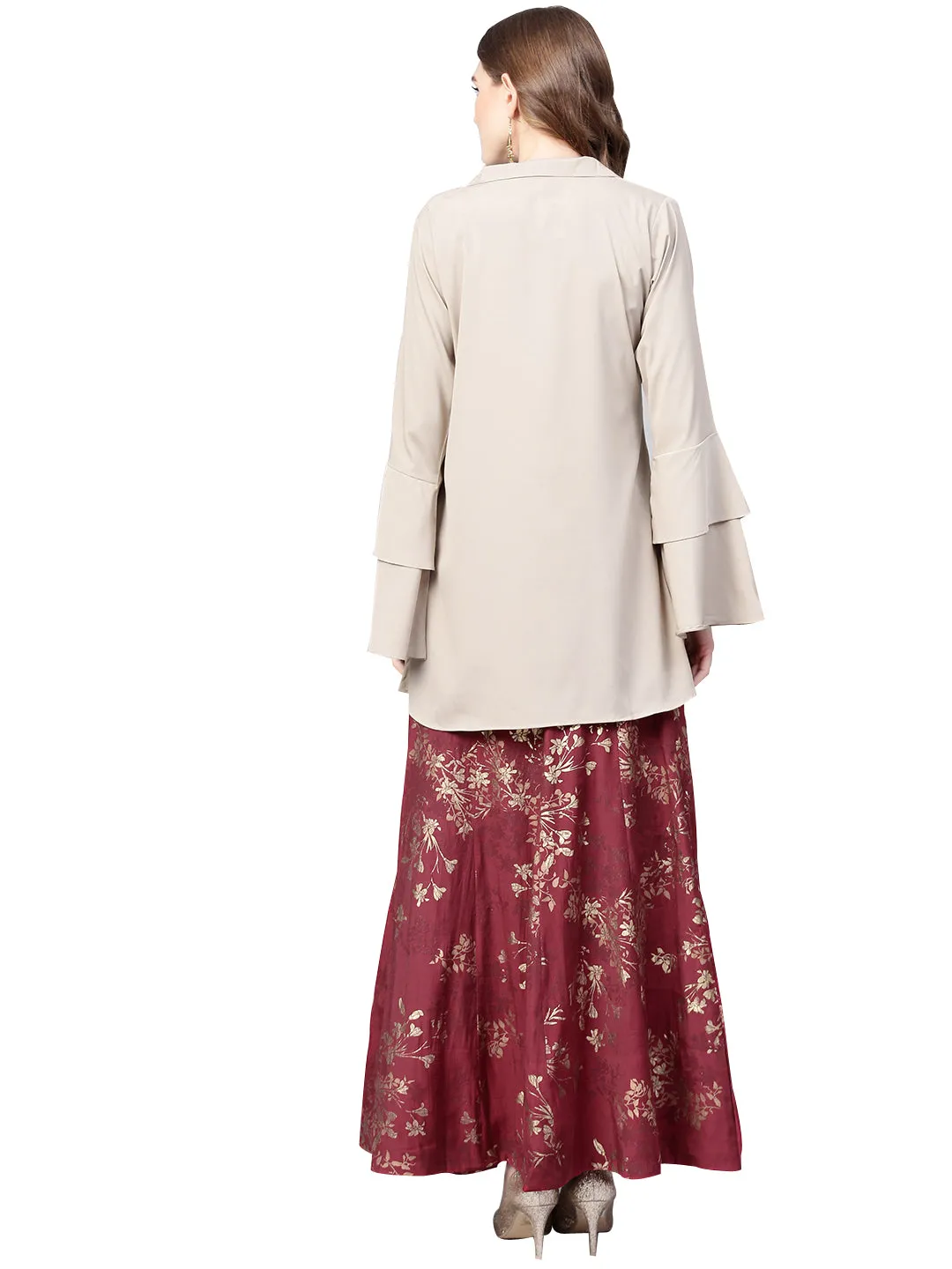 Jashvi Indowestern  Beige & Maroon  Shirt  With Skirt Set