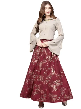 Jashvi Indowestern  Beige & Maroon  Shirt  With Skirt Set