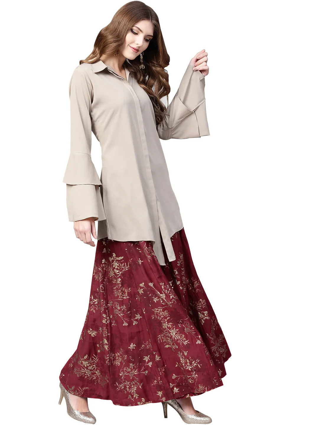 Jashvi Indowestern  Beige & Maroon  Shirt  With Skirt Set