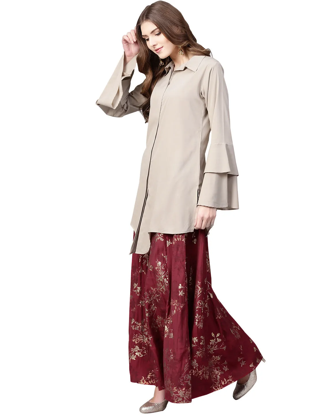 Jashvi Indowestern  Beige & Maroon  Shirt  With Skirt Set