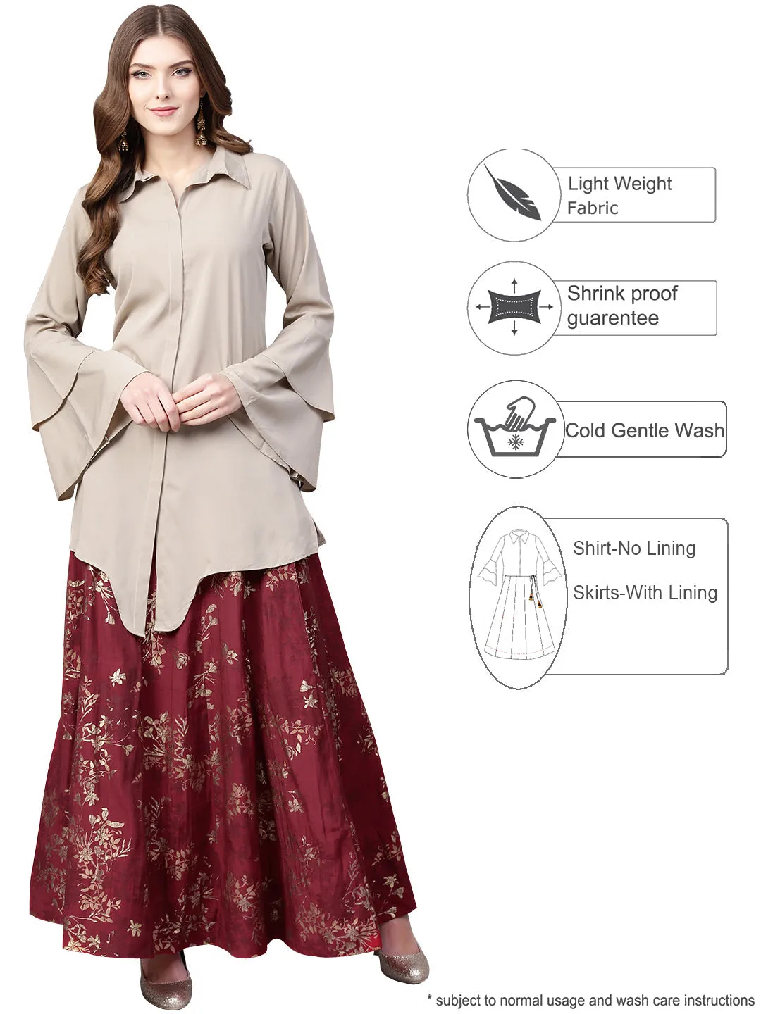 Jashvi Indowestern  Beige & Maroon  Shirt  With Skirt Set