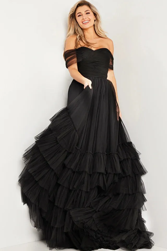 Jovani 37608  Long Prom Dress Ruched Off Shoulder Pleated Layered Skirt Train Formal Pageant Gown