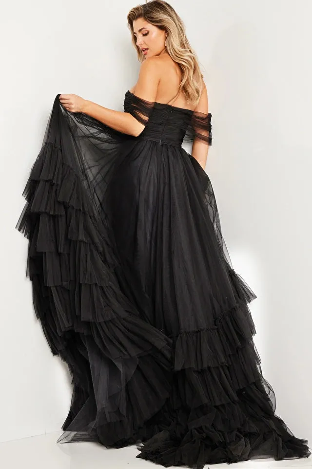 Jovani 37608  Long Prom Dress Ruched Off Shoulder Pleated Layered Skirt Train Formal Pageant Gown