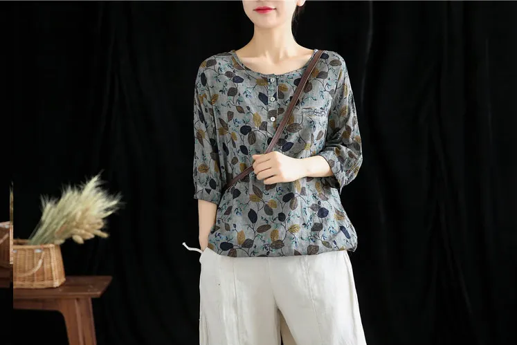 Knitted Patterned Women Casual Blouse Cotton Linen Shirts Tops DZA2007141