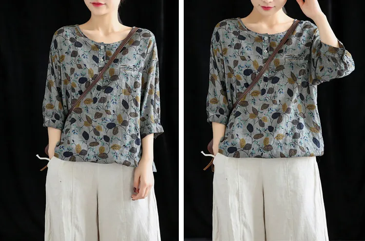 Knitted Patterned Women Casual Blouse Cotton Linen Shirts Tops DZA2007141